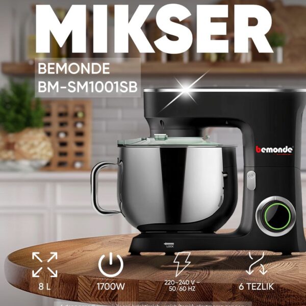 Planetar mikser Bemonde BM-SM1001SB, 8 litr, 1700 Vt, 6 tezlik, metall qo'shimchalar
